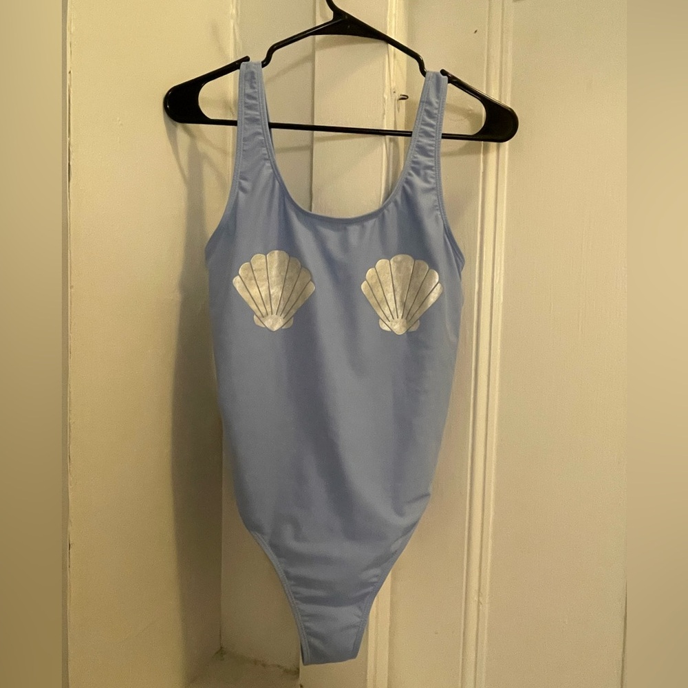 Blue One-Piece Swimsuit with Shell Design
